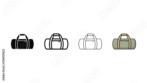 Collection of four different styles of duffel bag icons with handles and zippered compartments for travel and sports