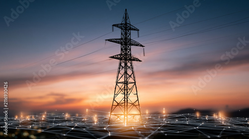 High voltage power transmission tower silhouette against warm golden sunset landscape sky

