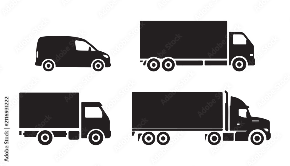 Fototapeta premium Set of delivery truck and van silhouettes for transport logistics commercial vehicle icons collection.