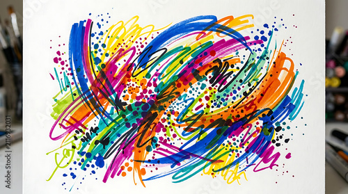 Vibrant artistic composition displaying dynamic ink strokes and chaotic splash patterns created with felt markers on paper reflecting emotional expressionism and energetic creative movement in