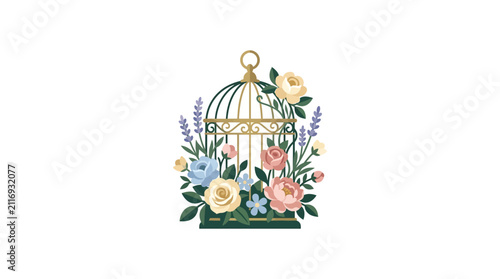 Floral birdcage with roses and lavender illustration