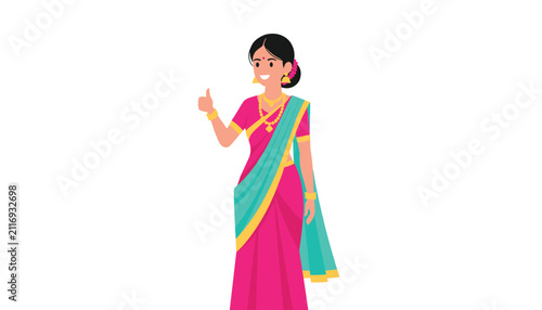 Beautiful Indian woman dressed in a bright traditional pink saree gives a thumbs up with a warm smile of approval.