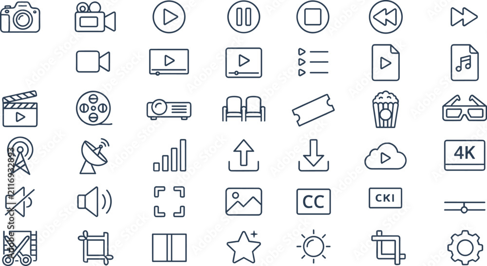 Fototapeta premium Multimedia and Cinema Line Icon Set for Video Production Media Player Controls Entertainment Streaming Websites and Digital Content Editing Software Interfaces