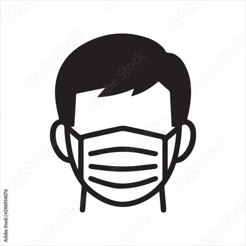 Person wearing medical face mask icon on white background representing health protection.