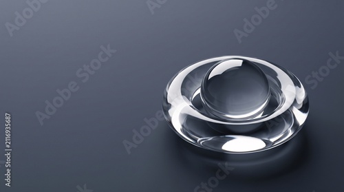 Premium commercial editorial widescreen photograph capturing exactly one minimalist horizontal suspended nested torus-sphere-shaped solid crystalline glass node for advanced quantum field shielding ar