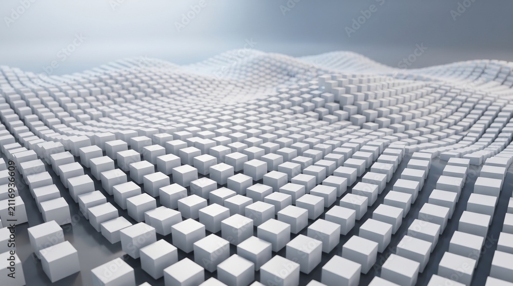 Naklejka premium Abstract 3D render of a waving landscape made of repeating white geometric cubes with clean shadows. Ideal for crypto, tech, and data science backgrounds