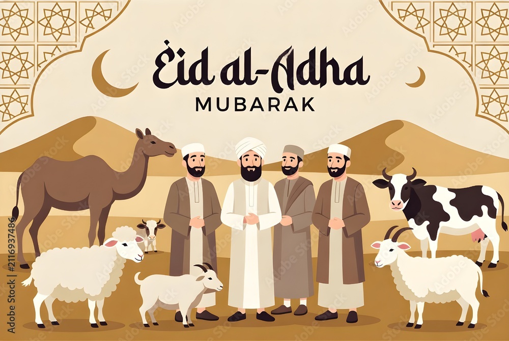 Naklejka premium Eid al-Adha Mubarak Illustration with Family and Sacrifice Animals