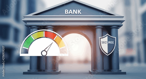 Financial institution building with security shield and performance gauge