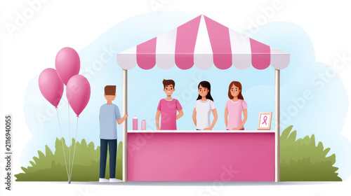 Breast cancer awareness event with pink balloons and pink booth in October raising support and hope for cause with people standing together