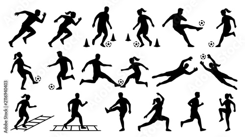 Co-ed soccer training and football player silhouette vector set featuring men and women athletes running agility ladders cones and diving goalkeepers