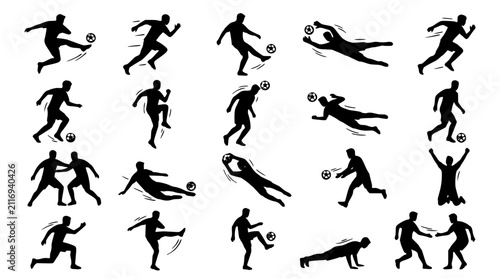 Obraz na płótnie Soccer and football player silhouette vector set featuring male athletes kicking