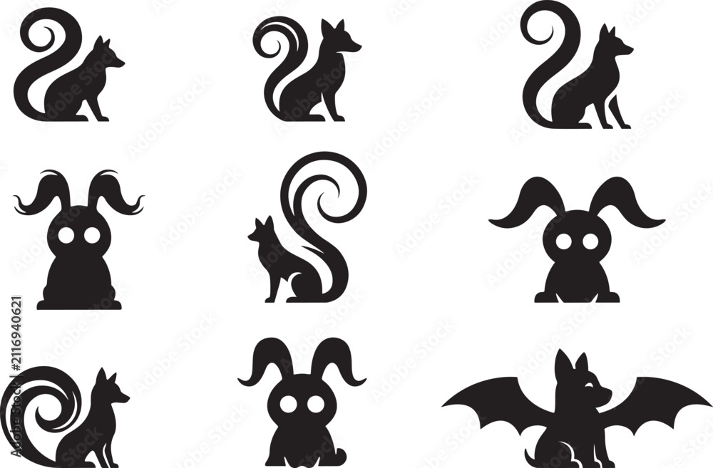 Obraz premium Set of stylized black silhouettes featuring foxes with curled tails, rabbits with long ears, and a bat creature on a white background.