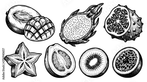 Konstfotografi Tropical and Exotic Fruit Hand Drawn Sketch Icon Set Featuring Sliced Mango, Dra