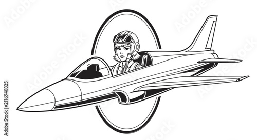 Female Pilot in Jet Fighter Cockpit, Vintage Airplane Illustration