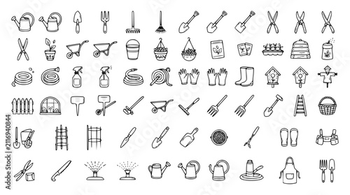 Canvas Print Backyard Gardening Equipment and Horticulture Landscaping Tools Thin Line Icon S