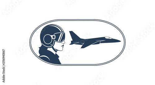 Female Pilot Silhouette with Jet Fighter Icon, Aviation Concept