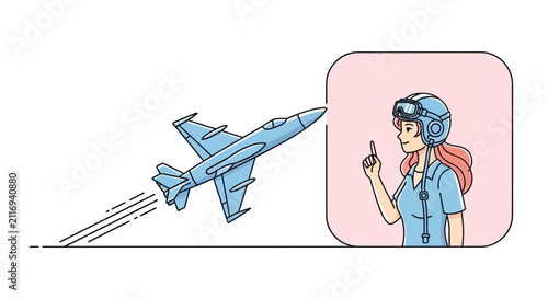 Female pilot signals airplane to take off, vector illustration