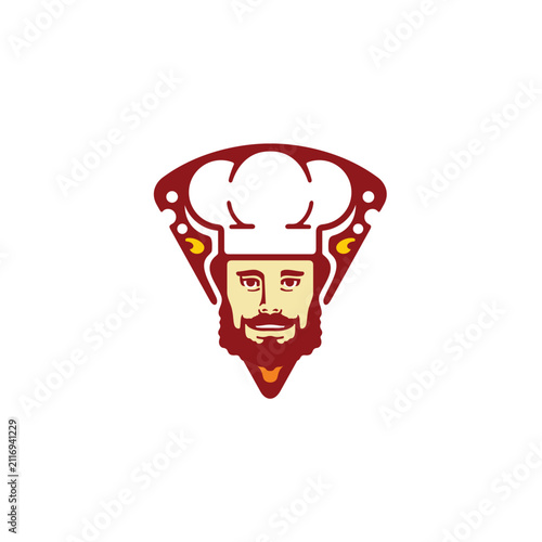 Chef mascot with pizza slice icon vector, bearded chef character logo illustration for pizzeria, restaurant and catering