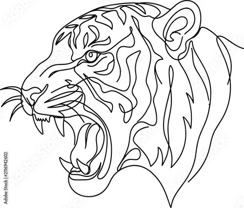 Minimalist Continuous Line Art Roaring Tiger Head Vector Profile Illustration with Open Mouth and Fangs for Creative Branding Layouts