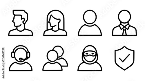 User profile and account security line icon set featuring avatars customer support agent hacker thief and shield check