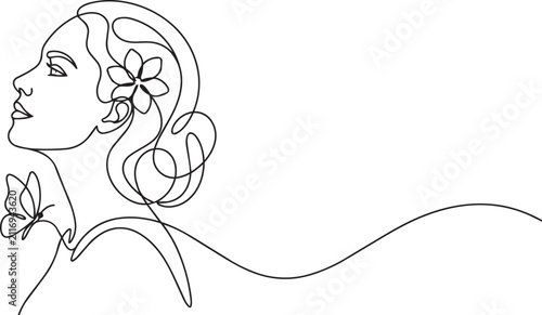 Women's Day meaningful  Elegant Line Art Illustration Of Woman With Flower In Hair And Butterfly