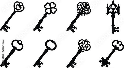 Set of vintage key vector silhouettes featuring ornate skeleton, heart, clover, and gothic key designs