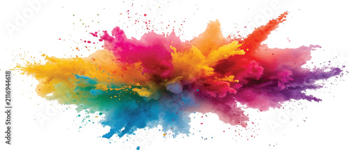 Vibrant rainbow powder explosion creating a bold abstract splash on a clean white background.