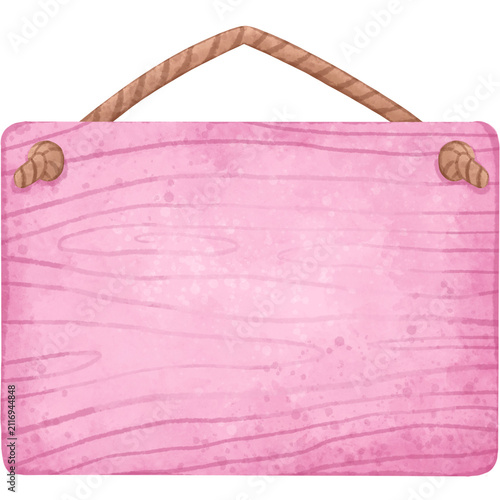 Hand-painted pink watercolor wooden hanging sign with rope, isolated on white. Ideal for labels, invitations, nursery decor, branding, packaging, greeting cards, and printable designs.