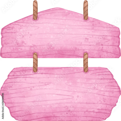Hand-painted pink watercolor wooden hanging sign with rope, isolated on white. Ideal for labels, invitations, nursery decor, branding, packaging, greeting cards, and printable designs.