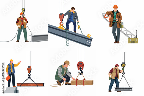 Vector illustration set of professional construction workers operating heavy cranes, rigging steel beams, and managing lifting operations on a building site.