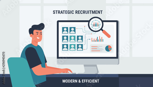 Smart human resources manager analyzing job candidates profiles on a computer screen for strategic recruitment.