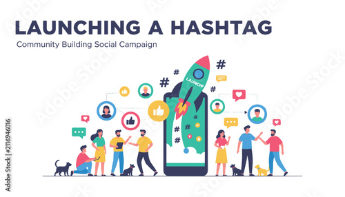 Group of creative tech developers launching a major social media hashtag marketing campaign from a smartphone.