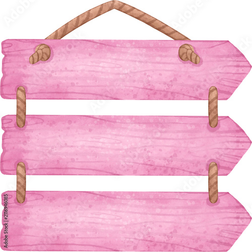 Hand-painted pink watercolor wooden hanging sign with rope, isolated on white. Ideal for labels, invitations, nursery decor, branding, packaging, greeting cards, and printable designs.