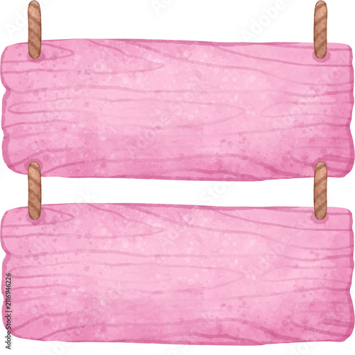 Hand-painted pink watercolor wooden hanging sign with rope, isolated on white. Ideal for labels, invitations, nursery decor, branding, packaging, greeting cards, and printable designs.