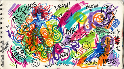 Vibrant artistic sketchbook page filled with chaotic scribbles doodles and colorful ink expressions that showcase expressive creative thoughts and imaginative concepts on paper for artistic
