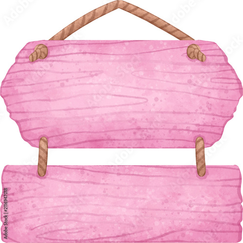 Hand-painted pink watercolor wooden hanging sign with rope, isolated on white. Ideal for labels, invitations, nursery decor, branding, packaging, greeting cards, and printable designs.