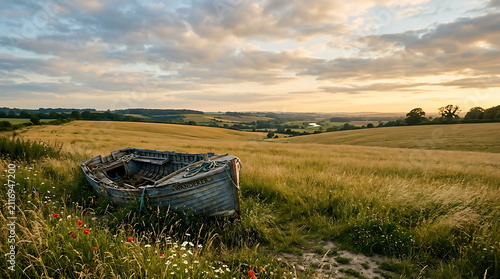 An abandoned vintage wooden rowboat rests peacefully within a vast golden grain field under a soft evening sky during the summer harvest season creating a nostalgic scene of rural tranquility