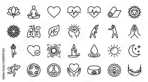 Wellness icon set featuring vector line art of yoga positions meditation lotus flowers chakras and healthy lifestyle symbols
