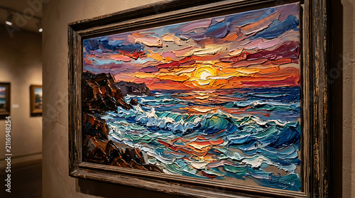 An oil painting displaying a vibrant sunset over rocky ocean waves hanging inside a quiet museum gallery space for visitors to observe the textured brushwork during a peaceful afternoon tour