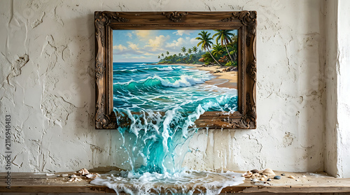 Vintage Wooden Frame Displaying A Tropical Coastal Landscape With Ocean Waves Splashing Out Over A Rustic Tabletop Surface Representing Creative Interior Decor Concepts For A Coastal Living Space