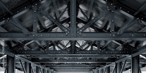 Industrial steel structure overhead view with symmetrical design and repetitive pattern