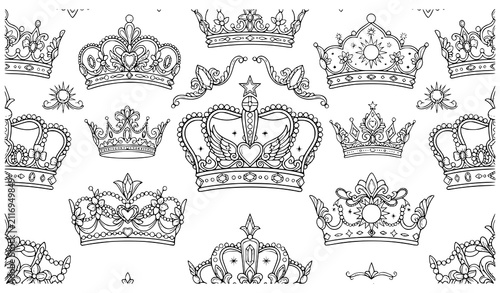 Cuadro en lienzo Seamless pattern of ornate royal crowns for coloring book pages and decorative d