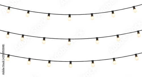 Decorative hanging string light bulbs set on a isolated transparent background for festive party celebration and atmospheric holiday illumination design