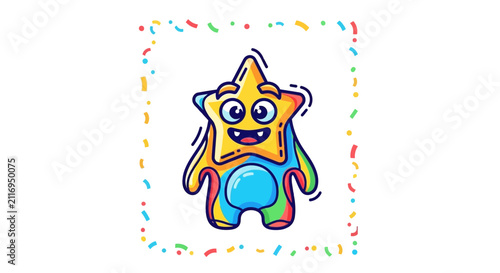Cute Cartoon Star Monster Character with Confetti Border