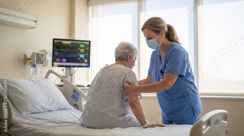Nurse Helping Elderly Patient Sit Up in Hospital Bed Next to Medical Monitor