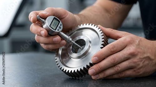 Engineer measuring metal gear precision with digital dial indicator gauge.
