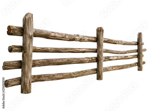 Rustic wooden fence made of rough logs and branches in aged brown tone isolated on transparent background.
