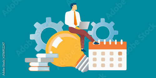 businessman sitting on light bulb flat vector illustration idea innovation calendar books gears workplace strategy planning productivity creativity thinking solution concept symbol icon
