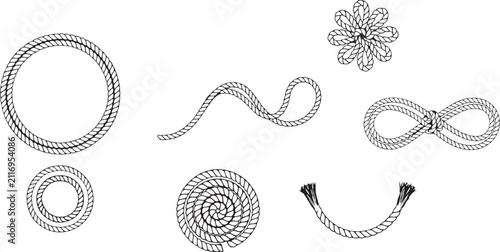 Set of rope and knot in black line style coil circle