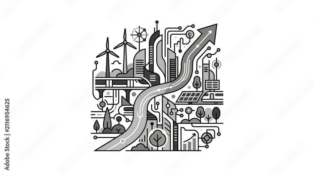 Obraz premium Futuristic smart city with renewable energy infrastructure.